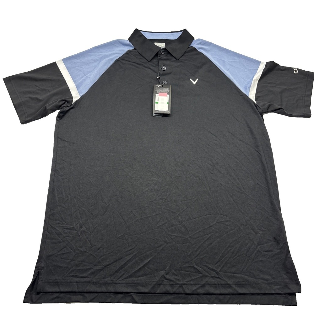 NWT Callaway Opti Dry Polo Shirt Mens Lg  UPF 50 Black/Blue/White